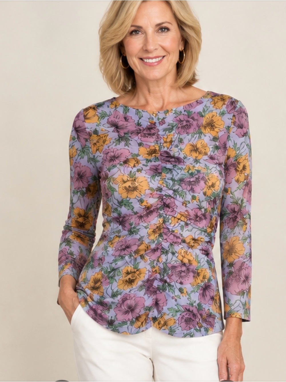 Veronica Beard Myrna Lavender Floral Ruched Long-Sleeve Top